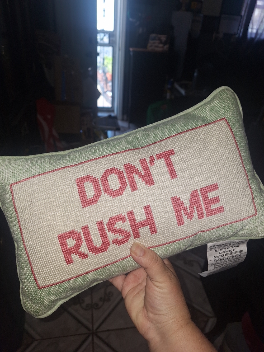 Don't Rush Me Embroidered Pillow - Green Text on Pink Letter